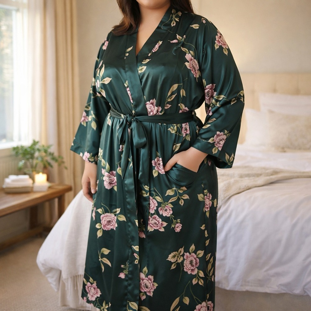 Lavenderi Womens XXL Long Satin Kimono Robe‎ Floral Pockets Inside Tie Belt